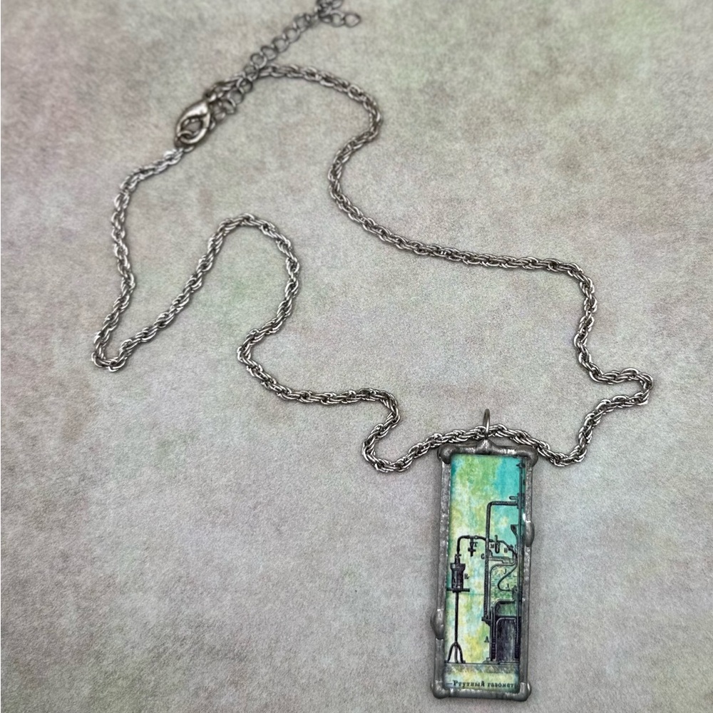 Rectangular Industrial Art Pendant Necklace in Teal and Green